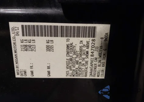 2012 Nissan Maxima 3.5 Sv from USA, damaged, VIN 1N4AA5APXCC847028